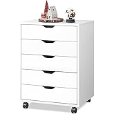 DEVAISE 5-Drawer Chest, Wood Storage File Cabinet with Wheels, White
