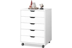 DEVAISE 5-Drawer Chest, Wood Storage file Cabinet with Wheels, White