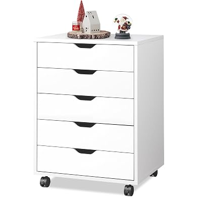 DEVAISE 5-Drawer Chest, Wood Storage File Cabinet with Wheels, White