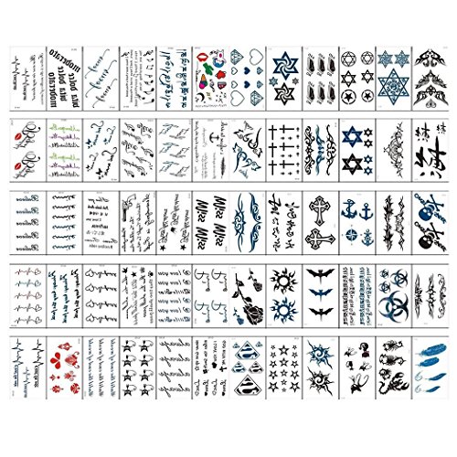 60 Sheets Temporary Tattoo Stickers Various Designs Removable Waterproof Temporary Tattoos Body Art Sticker Sheet Paper ( Wings, Letters, Stars, Queen, Cats, Totem, Cardiogram hot Etc. )