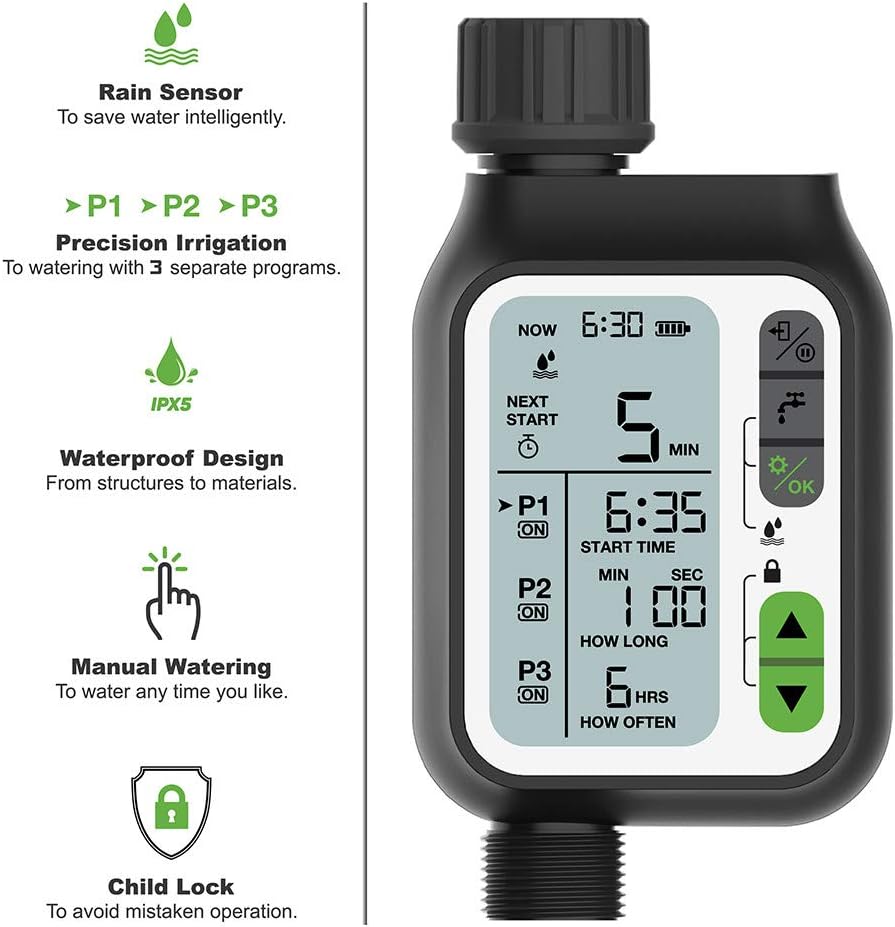Kacsoo Digital Irrigation Timer, Hose Automatic Watering Timer with Big LCD Irrigation Controller Rain Sensor,3 Separate Irrigation Programs, Faucet Digital Watering Timer for Outdoor Garden Lawn: Home & Kitchen