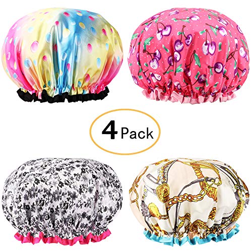 Women Waterproof Shower Cap Bath Cap for Hair Gutsdoor 4 PACK Double Layer Shower Hat Designed for all Hair Lengths and Thicknesse.