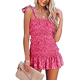 Fazortev Womens Summer Ruffle Smocked Mini Dress Sleeveless Floral Print Tiered Tie Slim Fit Short Dresses