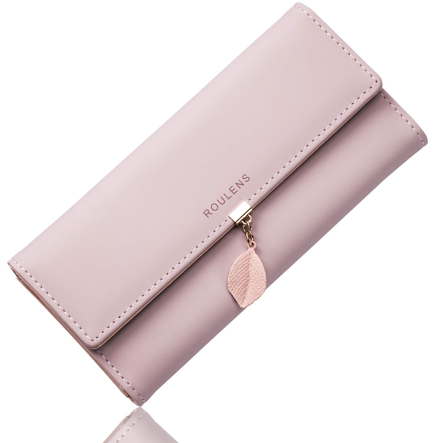 Roulens Ladies Purse, RFID Blocking PU Leather Wallet for Women Leaf Pendant Zipper Coin Purse with Multiple Card Slots and Roomy Compartment