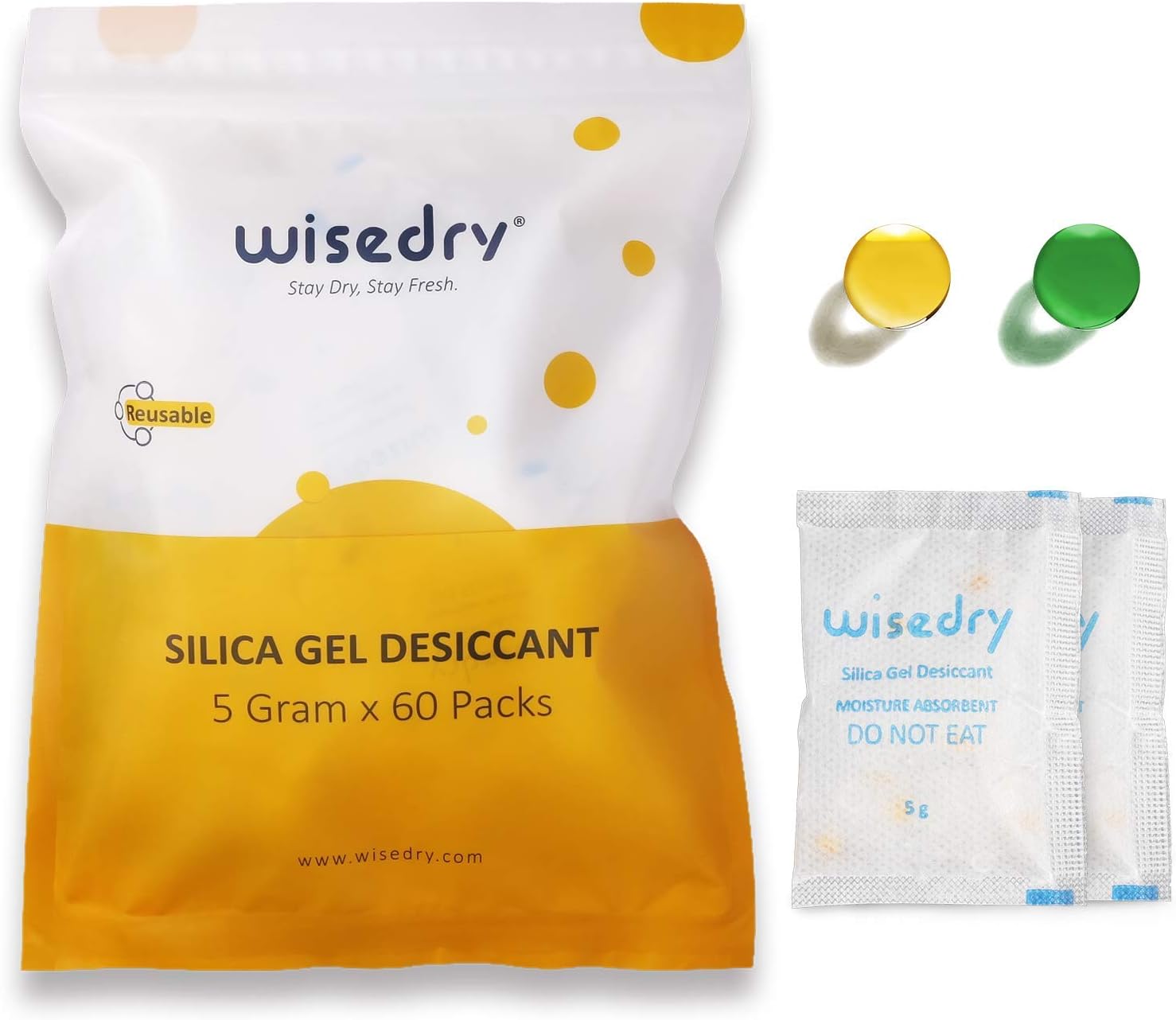 wisedry Silica Gel Sachets Bags 5 Gram x 60 Packs with Orange Beads Humidity Indicator Moisture Absorber for Air Dryer Moisture Removal Food Grade