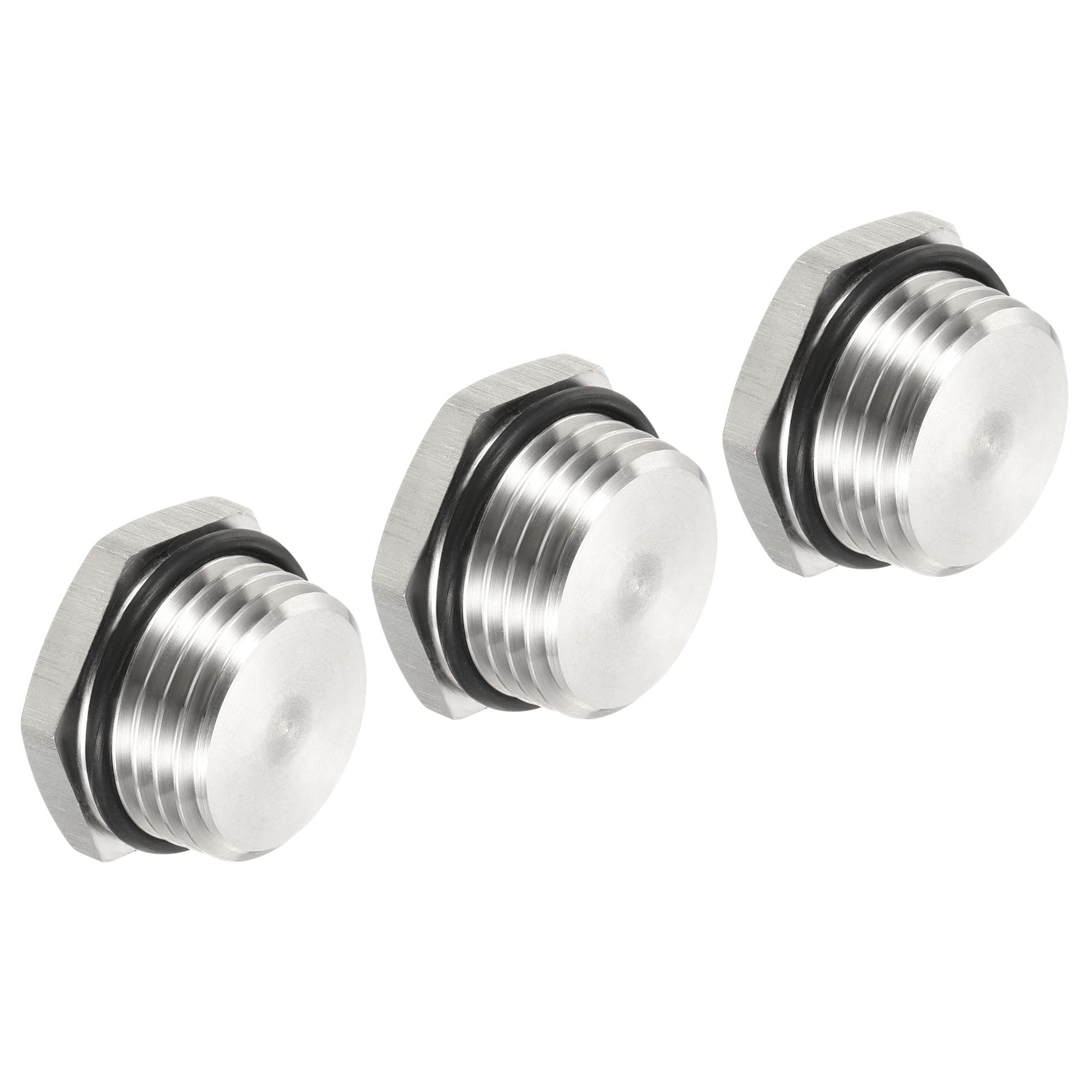 PATIKIL 1/2 NPT Male Plug, 3 Pack Waterproof Dustproof 304 Stainless Steel Thread Hex Head Socket Solid Pipe Fitting with Sealing Rubber Ring