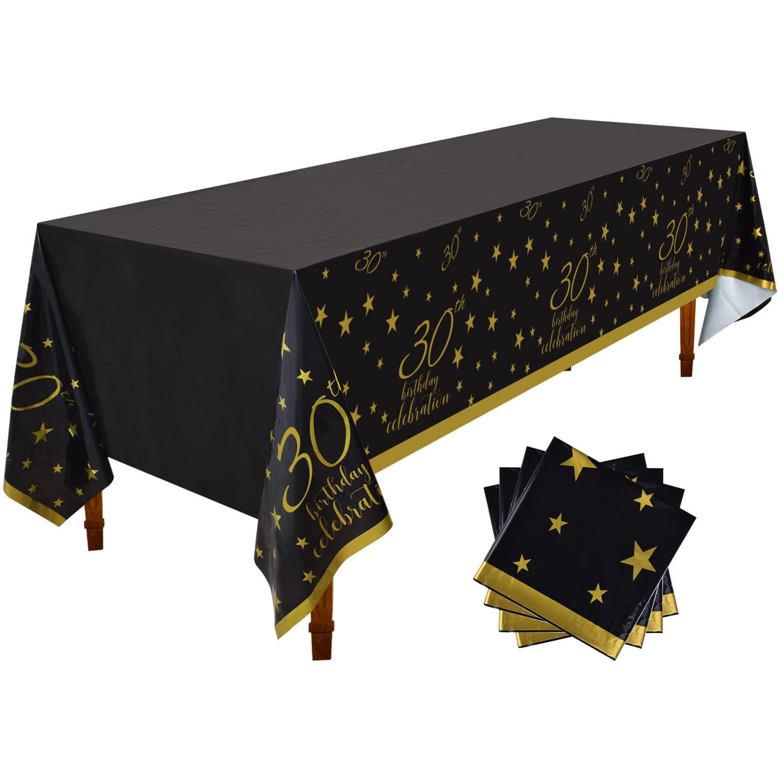 Photo 1 of Gatherfun 30th Birthday Disposable Tablecloth 4 Pack Gold and Black Waterproof Plastic Table Cover for Men Woman 30 Birthday Party Decorations