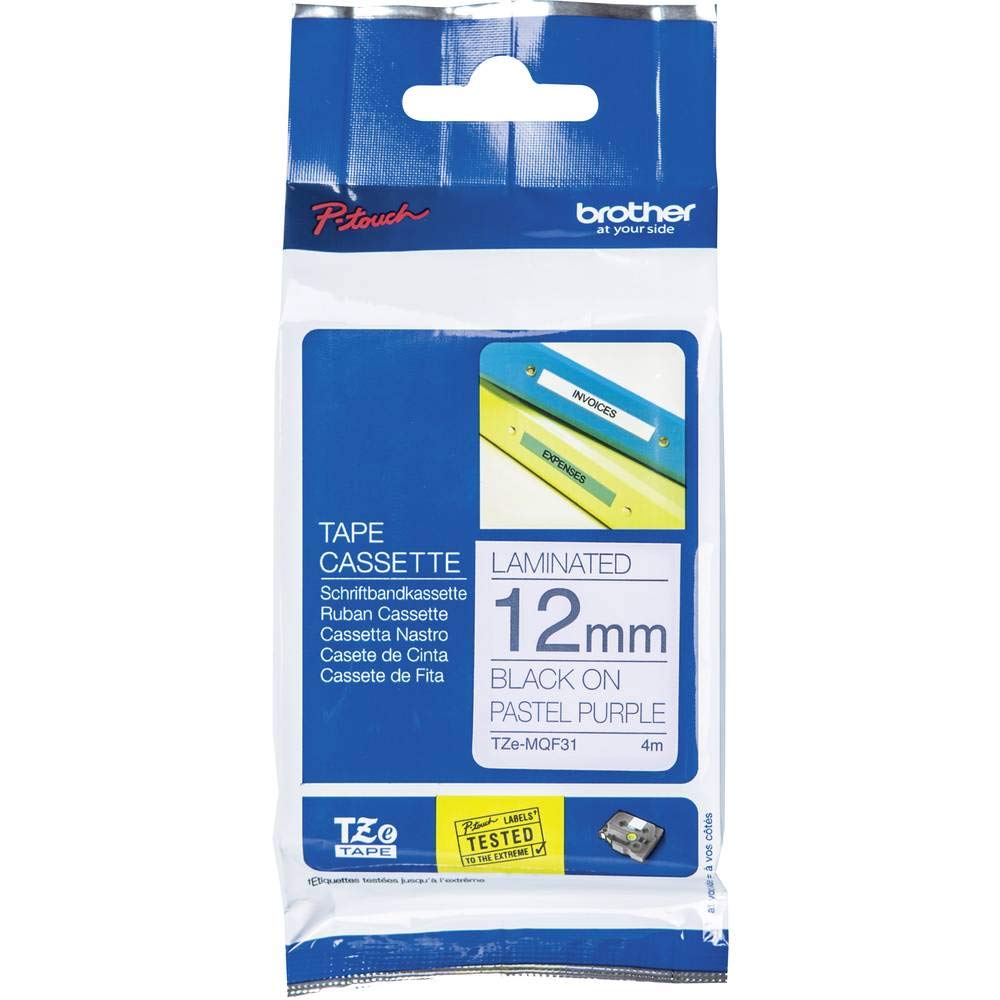 Brother TZe-MQF31 Labelling Tape Cassette, Black on Pastel Purple, 12 mm (W) x 4 m (L), Laminated, Brother Genuine Supplies