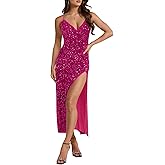 Wenrine Womens Sparkly Sequin Dress Spaghetti Strap V Neck Sexy High Slit Formal Club Party Evening Maxi Dresses
