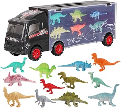 Deao 12 Teilige Dinosaurier Transporter Lkw Tragetasche Fur Autos Spielset Trager Mit Miniatur T Rex Triceratops Raptor Spinosaurus Und Pterodaktylus Figuren Lustiges Lernspielzeug Fur Kinder Amazon De Spielzeug