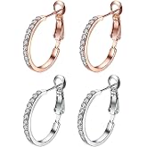 2 Pairs Set CZ Rhinestone Small Hoop Earrings 14K Rose Gold & Platinum Plated For Women Sensive Ear Fashion Dainty Crystal Hu