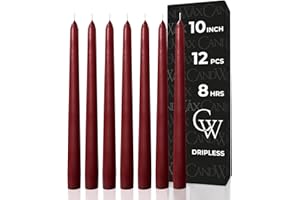 CANDWAX 10 inch Burgundy Taper Candle Set of 12 - Unscented Smokeless Dripless Candlesticks - Candle Sticks for Parties, Spec