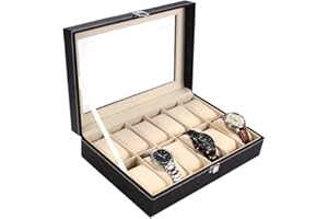 Ohuhu Watch Cases for Men, Watch Box Watch Holder Watch Organizer Display Storage 12 Slot PU Leather Real Glass Lid Soft Velvet Jewelry Box for Men and Women Perfect Birthday Gifts