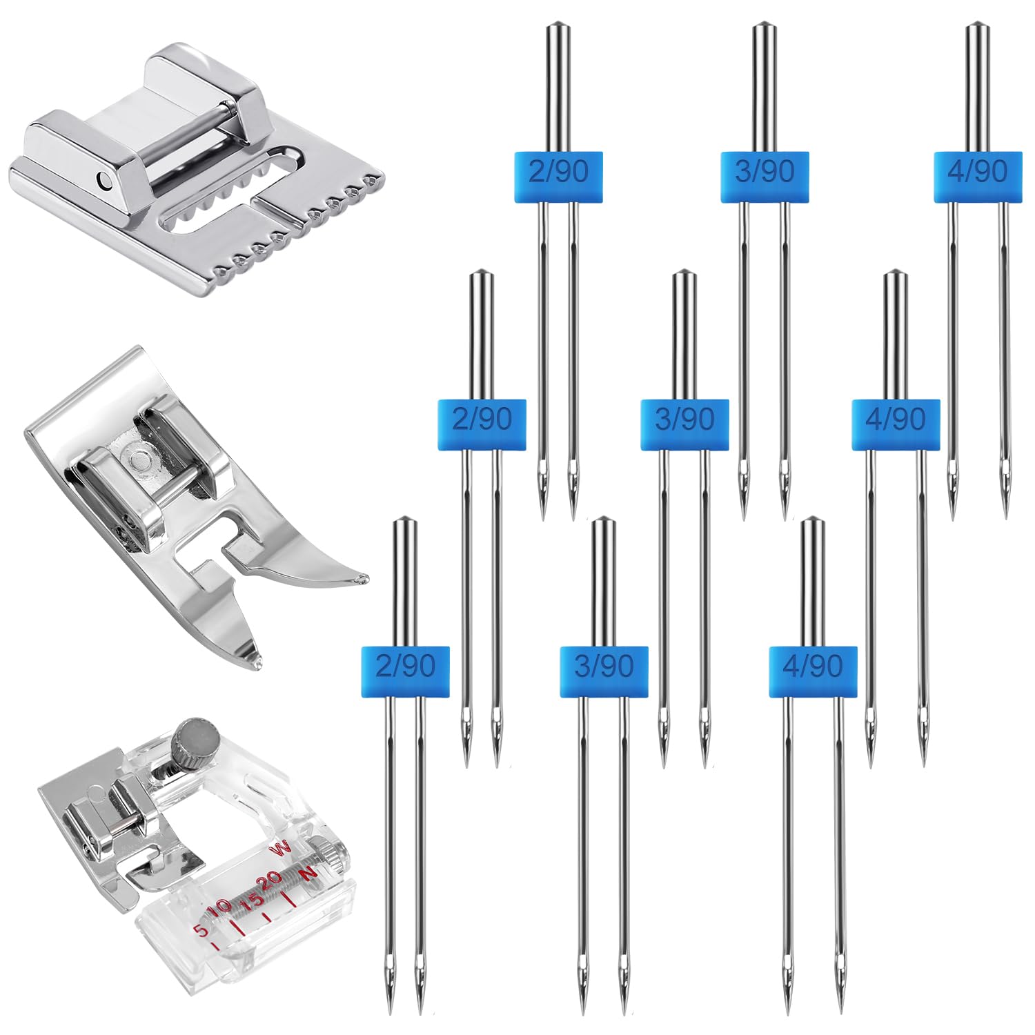 12pcs Twin Needles Sewing Foot, Metal Double Twin Needles for Sewing Machine Kit Accessories Parts with 3 Different Presser Feet