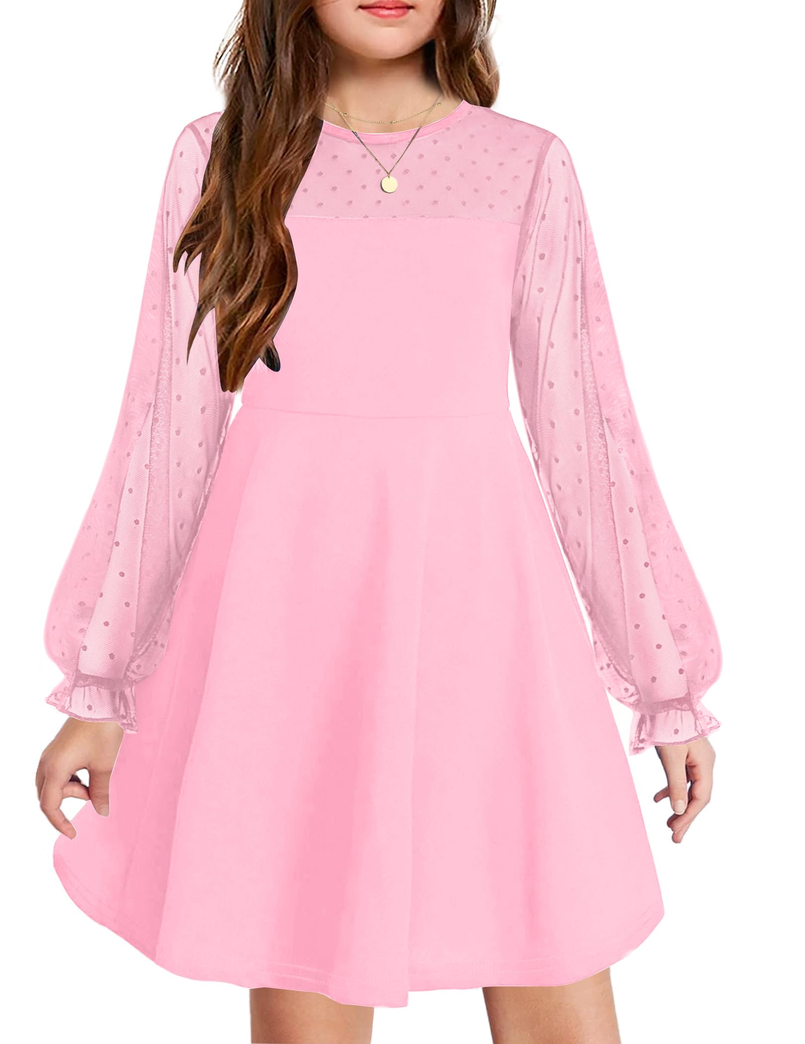 Arshiner Girl's Contrast Mesh Puff Long Sleeve High Waist Cute Pink Spring Dress with Pockets for 14-16 Years Image Arshiner Girl's Contrast Mesh Puff Long Sleeve High Waist Cute Pink Spring Dress with Pockets for 14-16 Years Image
