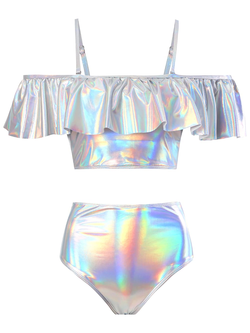 Photo 1 of Kaei&Shi Metallic Swimsuits for Women,Off Shoulder Ruffle Two Piece Holographic Bathing Suits,High Waisted Shiny Bikini Set Rave Outfits Silver Medium