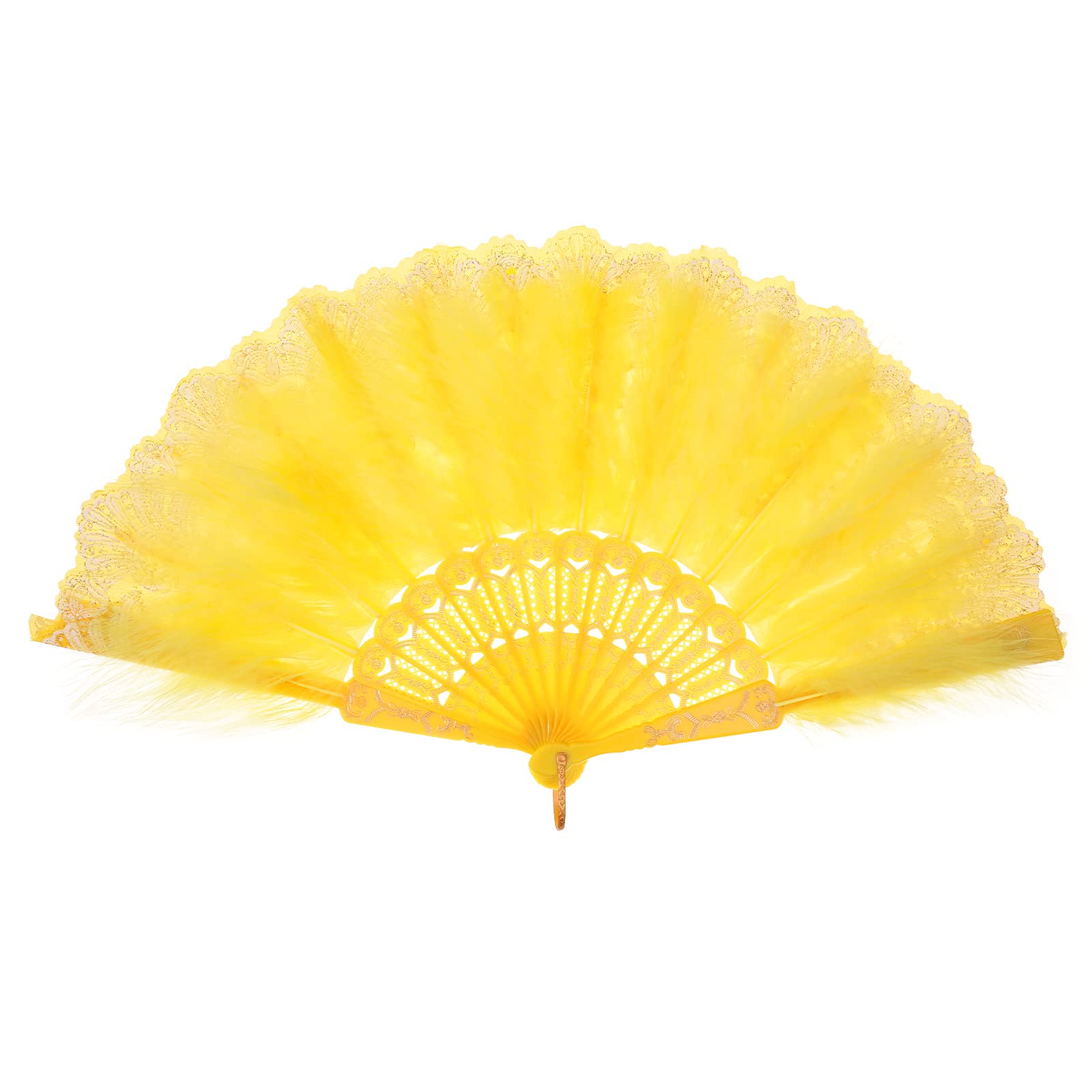 MWOOT Marabou Feather Fan, 1920s Embroidered Flower Handheld Feather Fan, Roaring 20s Vintage Style Flapper Hand Fan for Costume Halloween Dancing Show Tea Party Wedding Decoration - Yellow