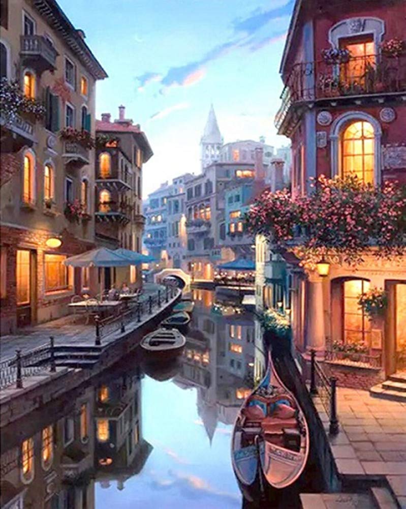 YEESAM ART Paint by Numbers for Adults Beginners Water City Venice Night View 16x20 inch Linen Canvas Acrylic DIY Number Painting Kits Wall Art Decor Gifts (Without Frame)
