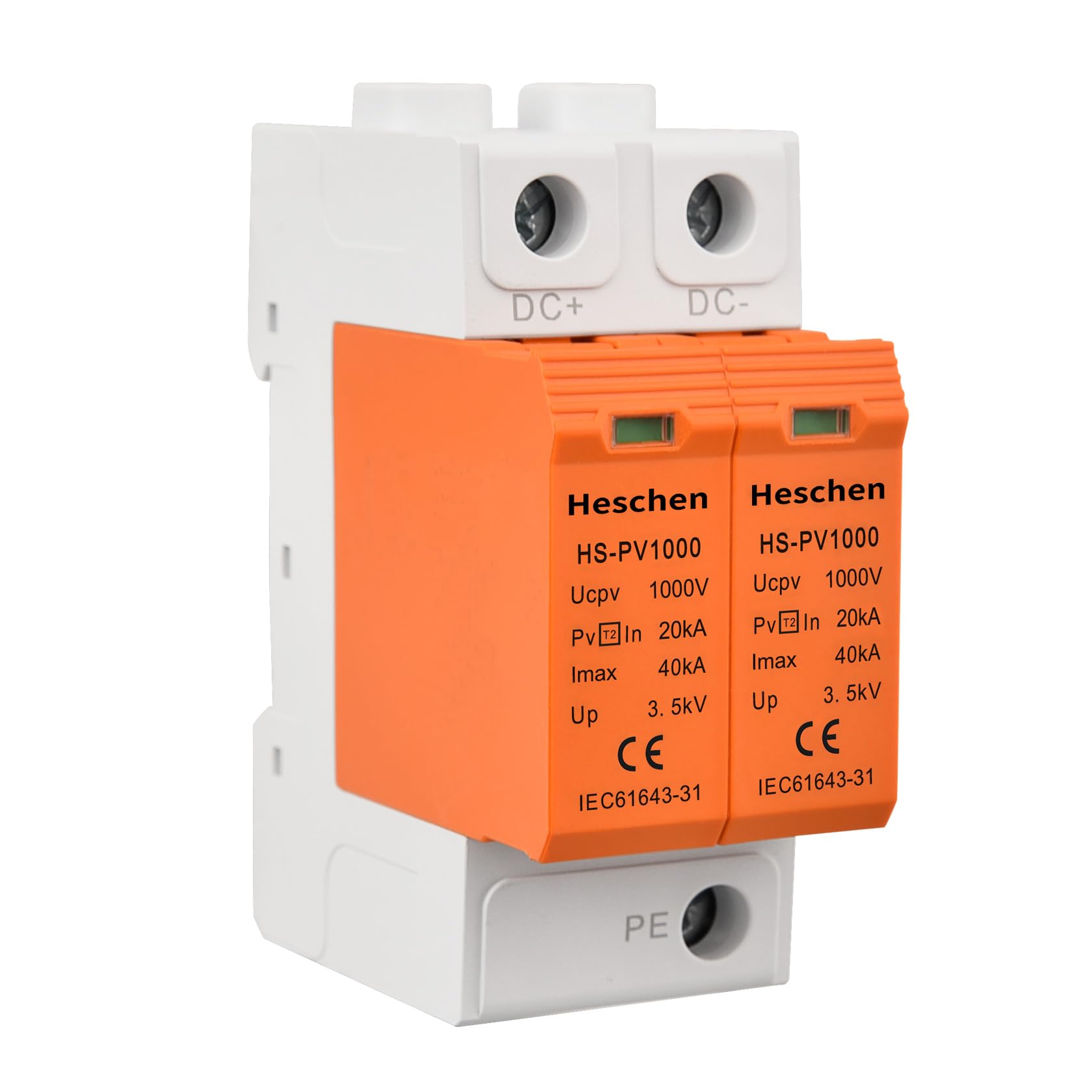 Heschen Surge Protective Device for PV, HS-PV1000, 2P 1000VDC 20KA, Fire-Proof, 35mm DIN Rail Mounting