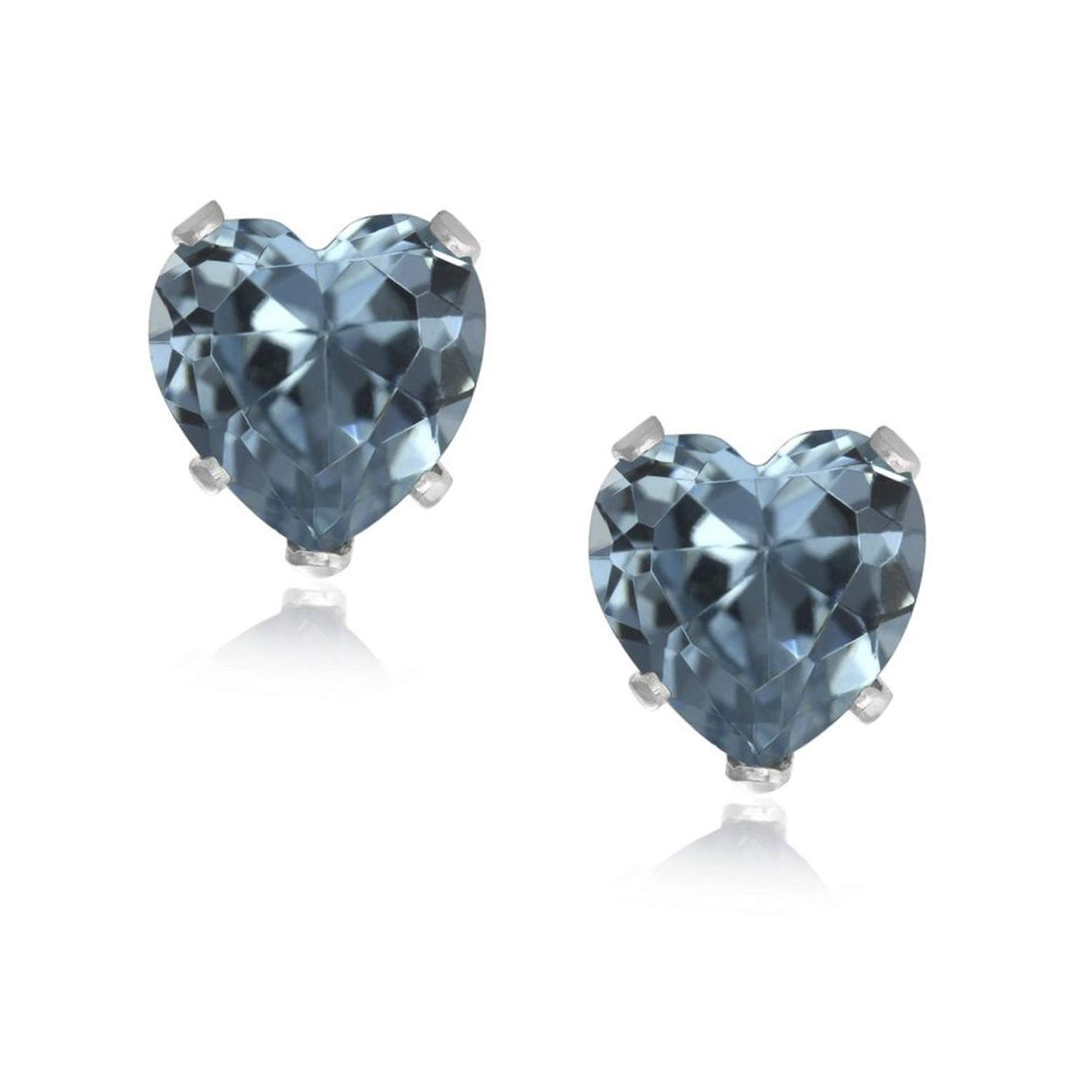 8MM Heart Cut Cubic Zirconia (CZ) Birthstone Stud Earrings/Ear Studs for Women/Teenage/Girls - 925 Sterling Silver - Round Silver Earrings - Aqua Blue