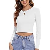 White Long Sleeve Tight Shirts Crop Tops for Woman Crew Neck Teen Girl Cute Athletic Workout Cropped Basics Sexy Going out Summer 2024 (White S)