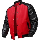 FANARCHER Men's Varsity Baseball Jacket Cotton Blend Letterman Jacket with Faux Leather Sleeve Bomber Coat