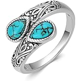 BETHZA Genuine Turquoise Rings for Women 925 Sterling Silver Adjustable Vintage Spoon Rings Western Boho Open Rings Natural Stone Jewelry Gifts