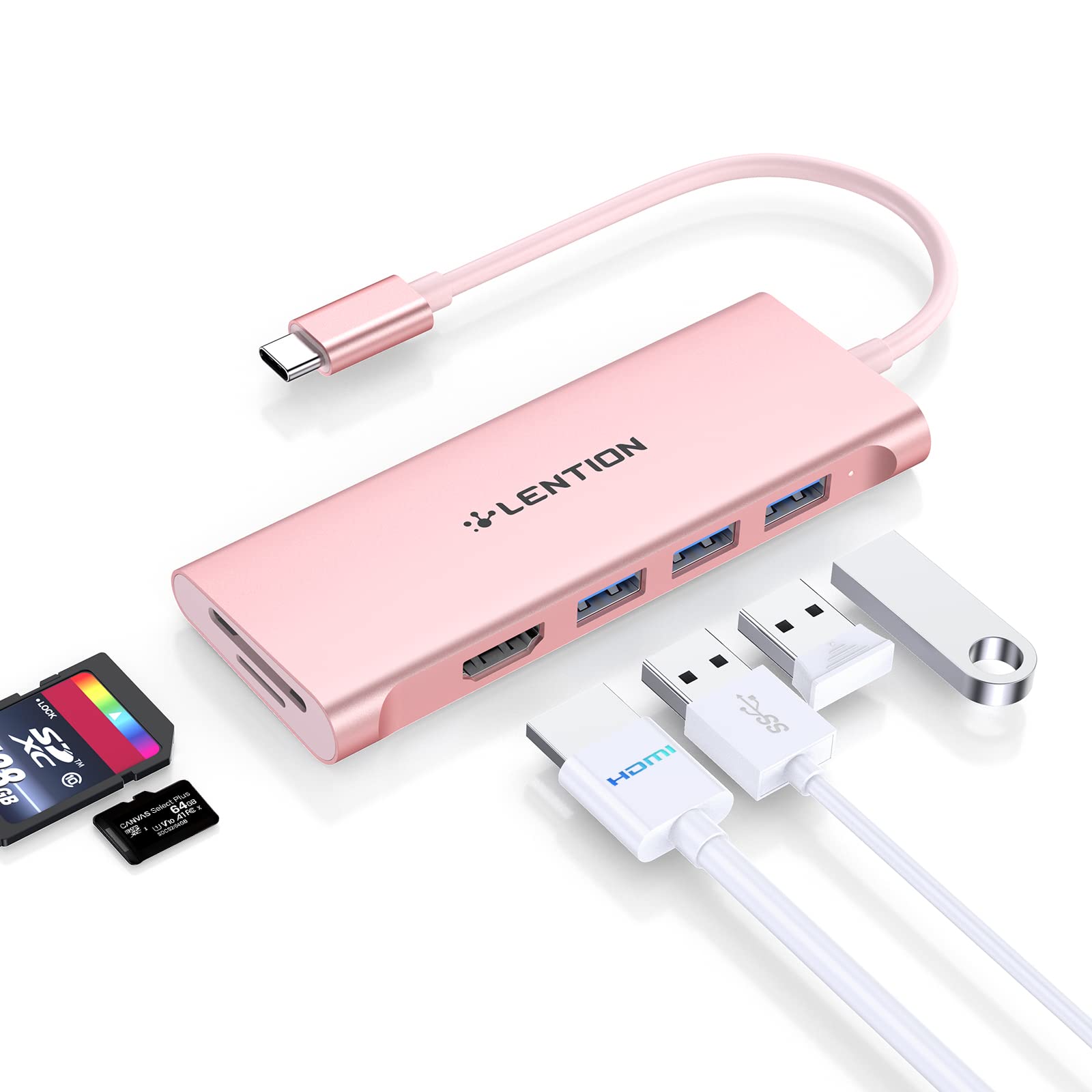 LENTION USB C Hub with 4K HDMI, 3 USB 3.0, SD 3.0 Card Reader Compatible 2025-2016 MacBook Pro, New Mac Air/iPad Pro/Surface, More, Stable Driver Dongle Adapter (CB-C34, Rose Gold)