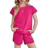 Arshiner Girls Summer Outfits 2 Piece Clothes Color Block Drop Shoulder Sleeve Top and Casual Short Sets Activewear