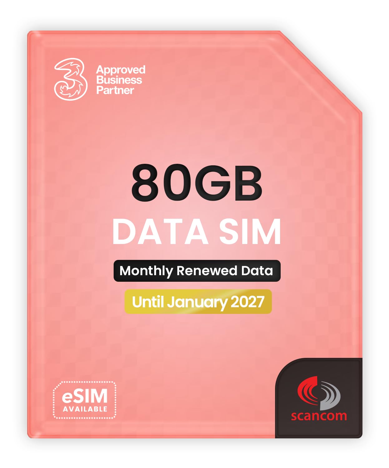Three 80GB Data SIM Card – for Portable WiFi, Routers & Phones – Preloaded Monthly Until January 2027 – Dual Network (Three & Vodafone) Stronger Coverage