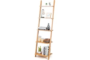 Tangkula 5-Tier Ladder Shelf Bookshelf, Natural Bamboo Wall-Leaning Bookshelf, Plant Flower Stand, Storage Display Shelves fo