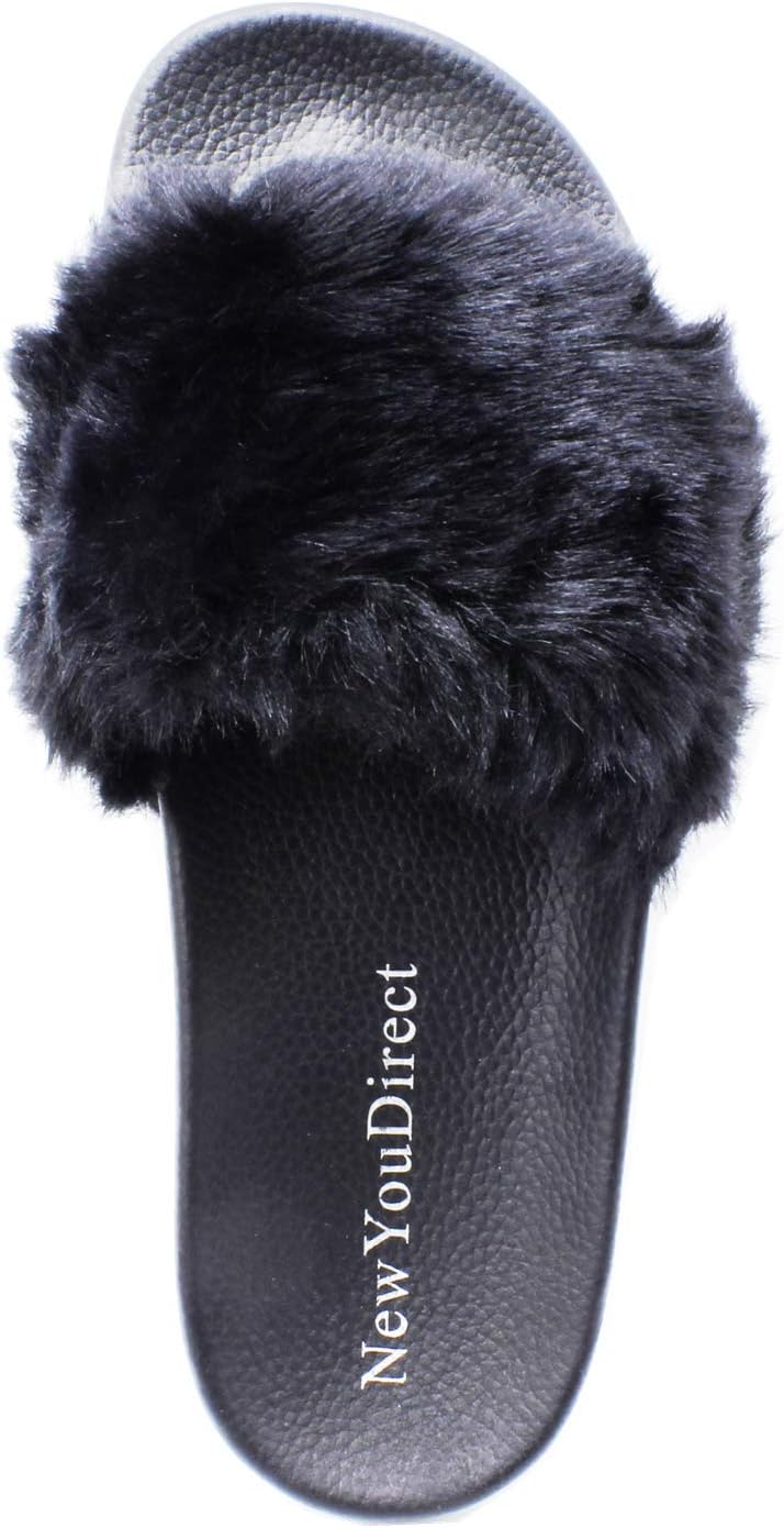 Fur Slides for Women,Fuzzy Sandals Slippers Flip Flop Furry Slides Soft Flat for Indoor Outdoor