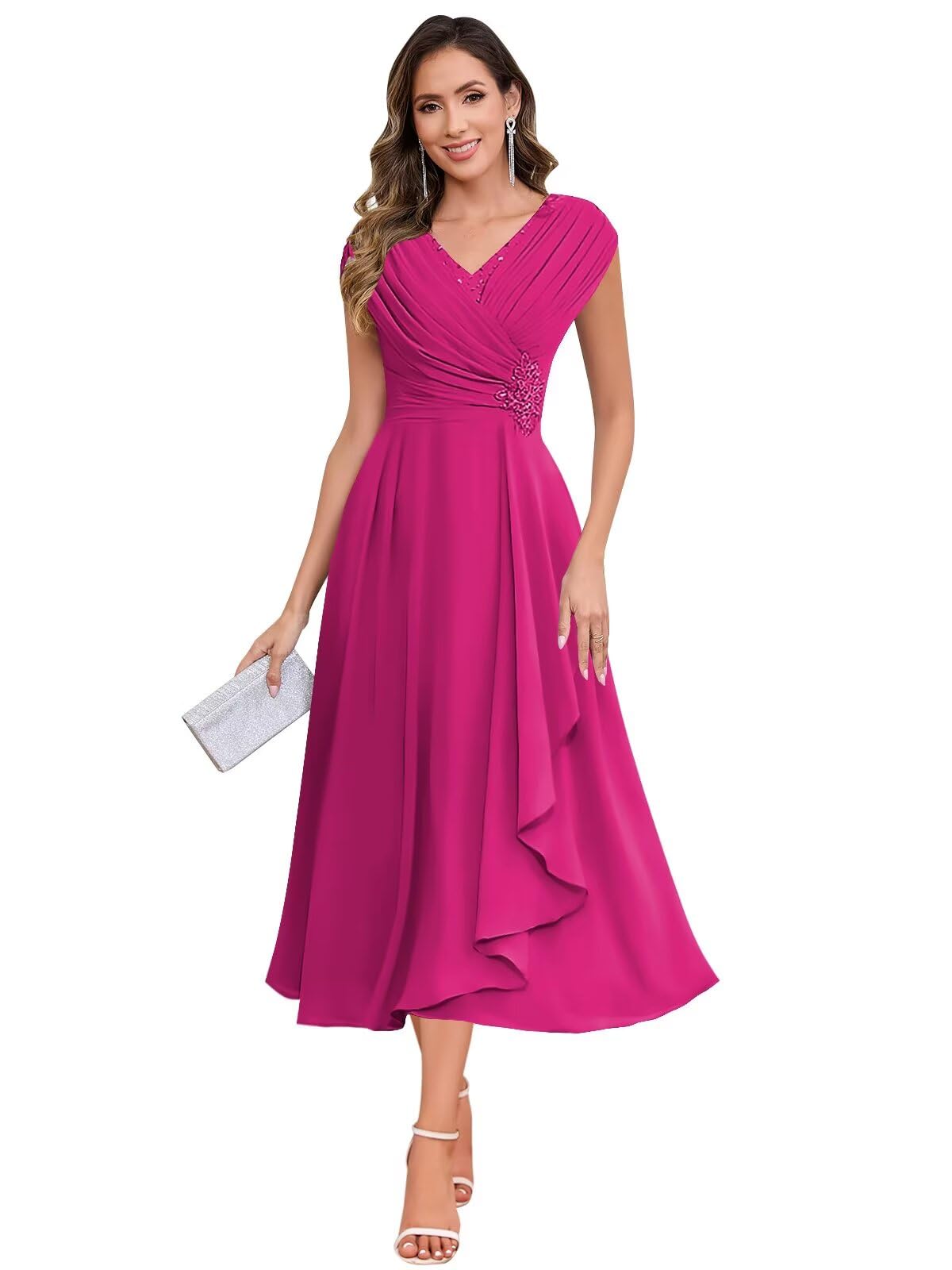BOLENSYE Tea Length Hot Pink Mother of The Bride