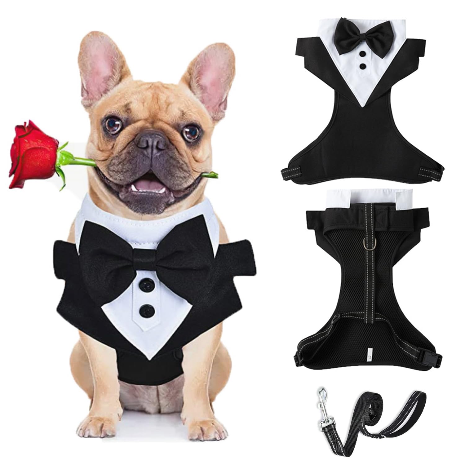 Dog Tuxedo Harness with Leash Set,Pet Wedding Chest Strap Formal Vest with Bow,Adjustable Pet Tailcoat Vest Harness for Puppy Small Medium Dog_S(Black)