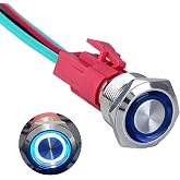 DMWD 19mm Heavy Duty Latching Metal Push Button Switch Waterproof Anti-Vandal Large Current 20Amp 12V-24V ON-Off 1NO 4 Pins with Pre-Wired Socket for 3/4" Mounting Hole with Halo Ring Blue LED