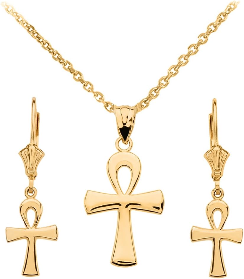 14k Yellow Gold Egyptian Ankh Cross Necklace and Earring Set