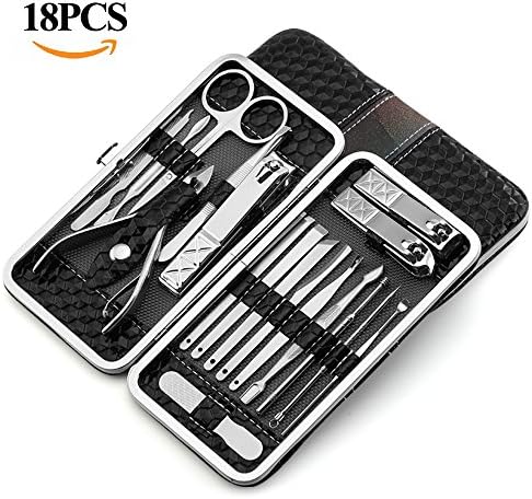 18PCS Portable Manicure Pedicure Set YOUYOUTE Professional Stainless Steel Nail Clippers Tools Nail kit Grooming kit Foot Pedicure Set Facial tools Fingernail Toenail Clippers with Travel Case Black