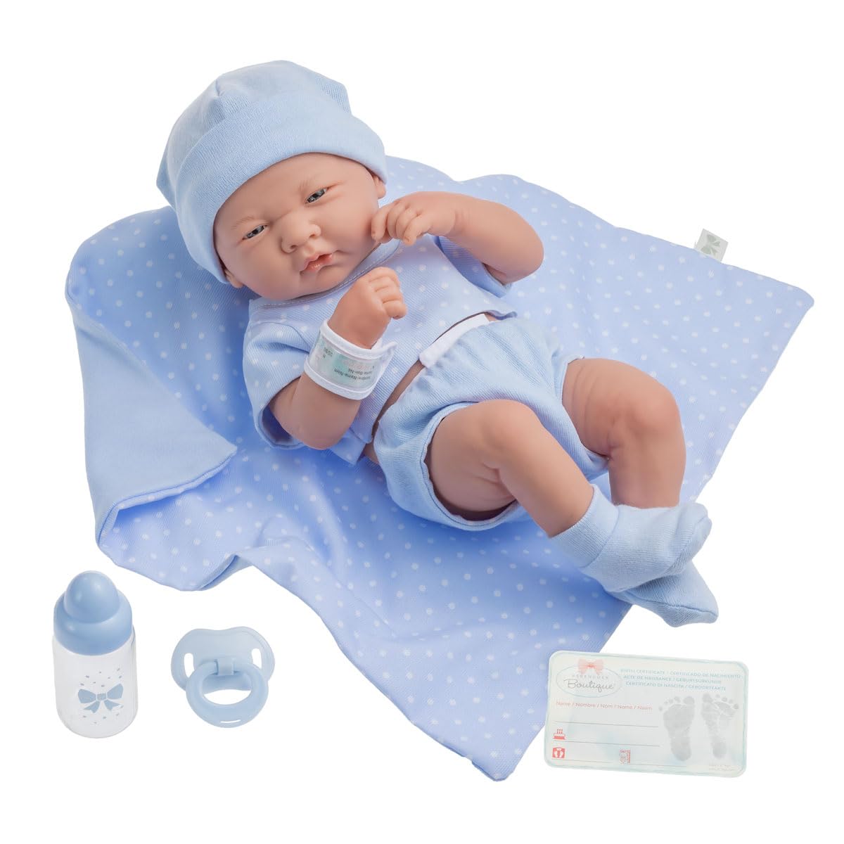 JC TOYS 102-18540 Boy Doll, Rubber Body, Blue Clothes with Polka Dots, 36 cm