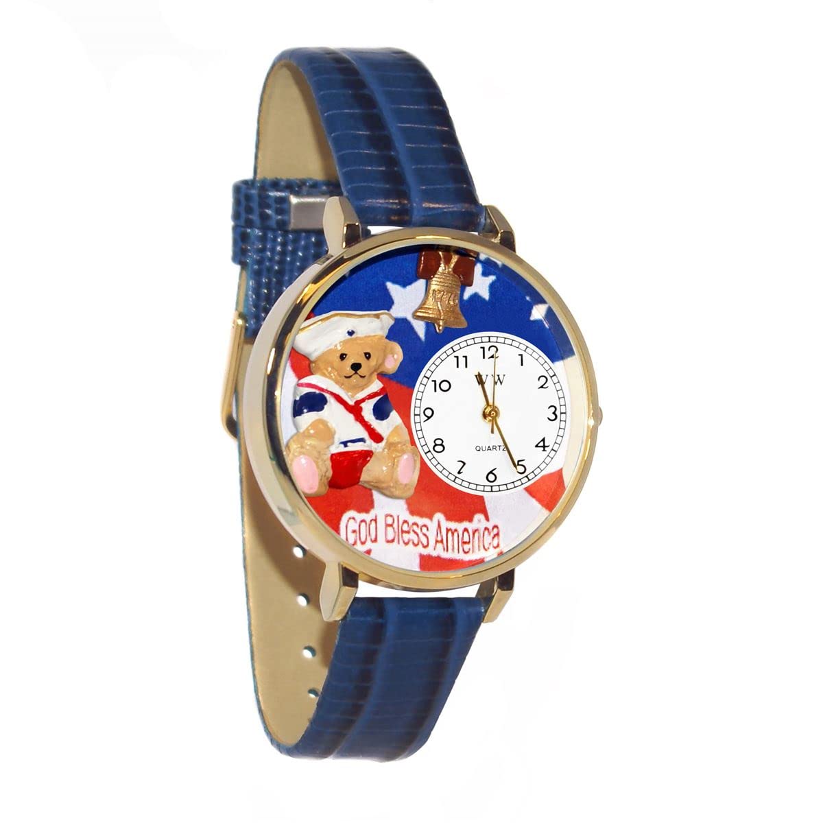 Whimsical Watches Patriotic Teddy Bear Royal Blue Leather and Goldtone Unisex Quartz Watch with White Dial Analogue Display and Multicolour Leather Strap G-0230004