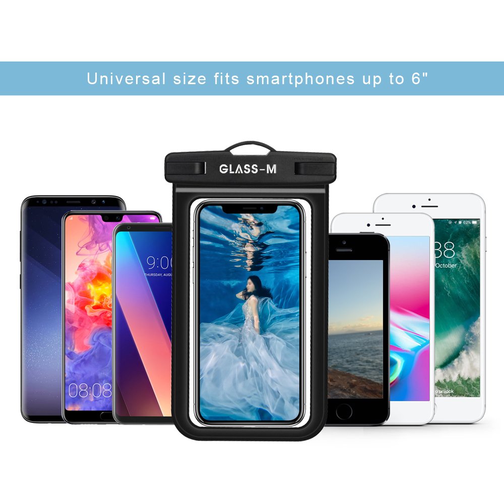 GLASS-M Universal Waterproof Case, Phone Dry Bag Pouch with Neck Strap for iPhone X/8/7/6/6S Plus, Samsung Galaxy S9/S8/S7 Edge/Note 8 6 5 4, Google Pixel 2 XL up to 6.0\
