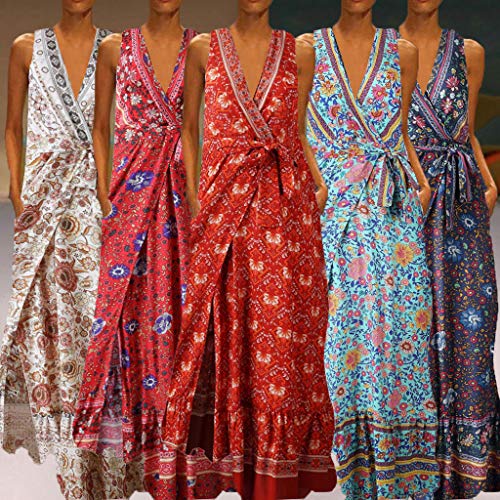 TOTOD Dress for Women Elegant Floral Print Long Dresses Sleeveless V-Neck Loose Party Maxi Sundress Navy