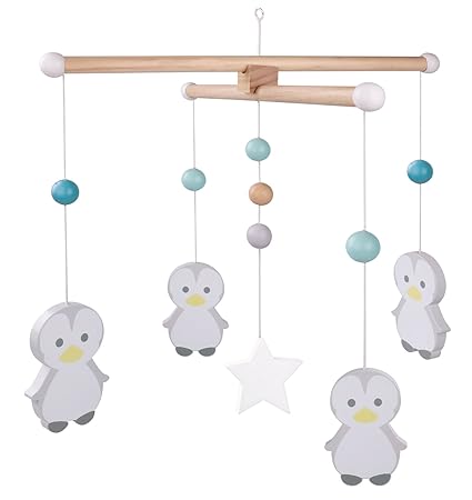 LS-LebenStil LS Design Babyzimmer Mobile Holzmobile Holz Pinguin Stern Blau Grau 35x35x40cm