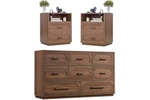 Harpaq 3 Pieces Bedroom Set, Modern 8 Drawer Dresser and 2 Drawer Nightstand with Open Shelf, Wood Chest of Drawers Storage Cabinet Set for Bedroom, Living Room, Walnut