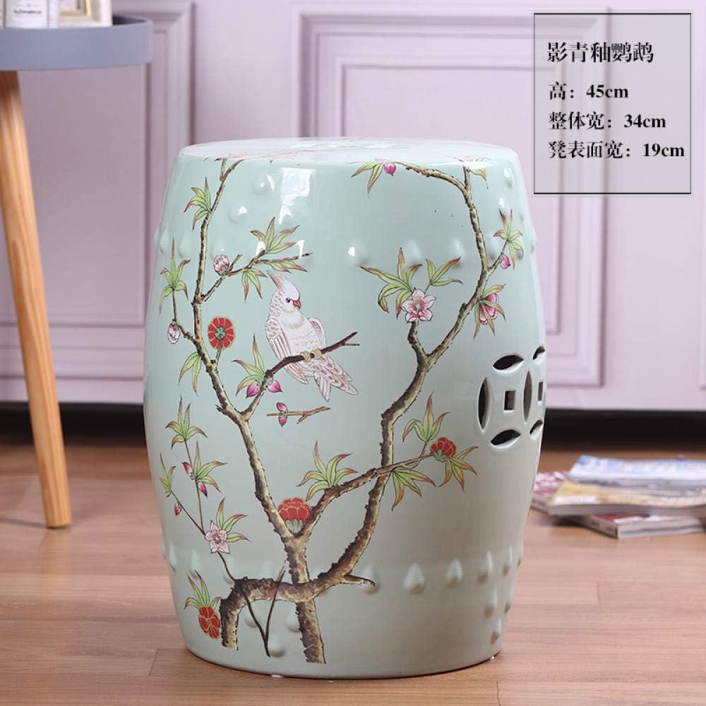 Jingdezhen New Chinese Villa Model Room Hotel Ceramic Decoration Drum Bench Drum Pier Sitting Pier Stool Stool Dressing Stool-[Shadow Green Glazed Parrot] Ceramic Stool