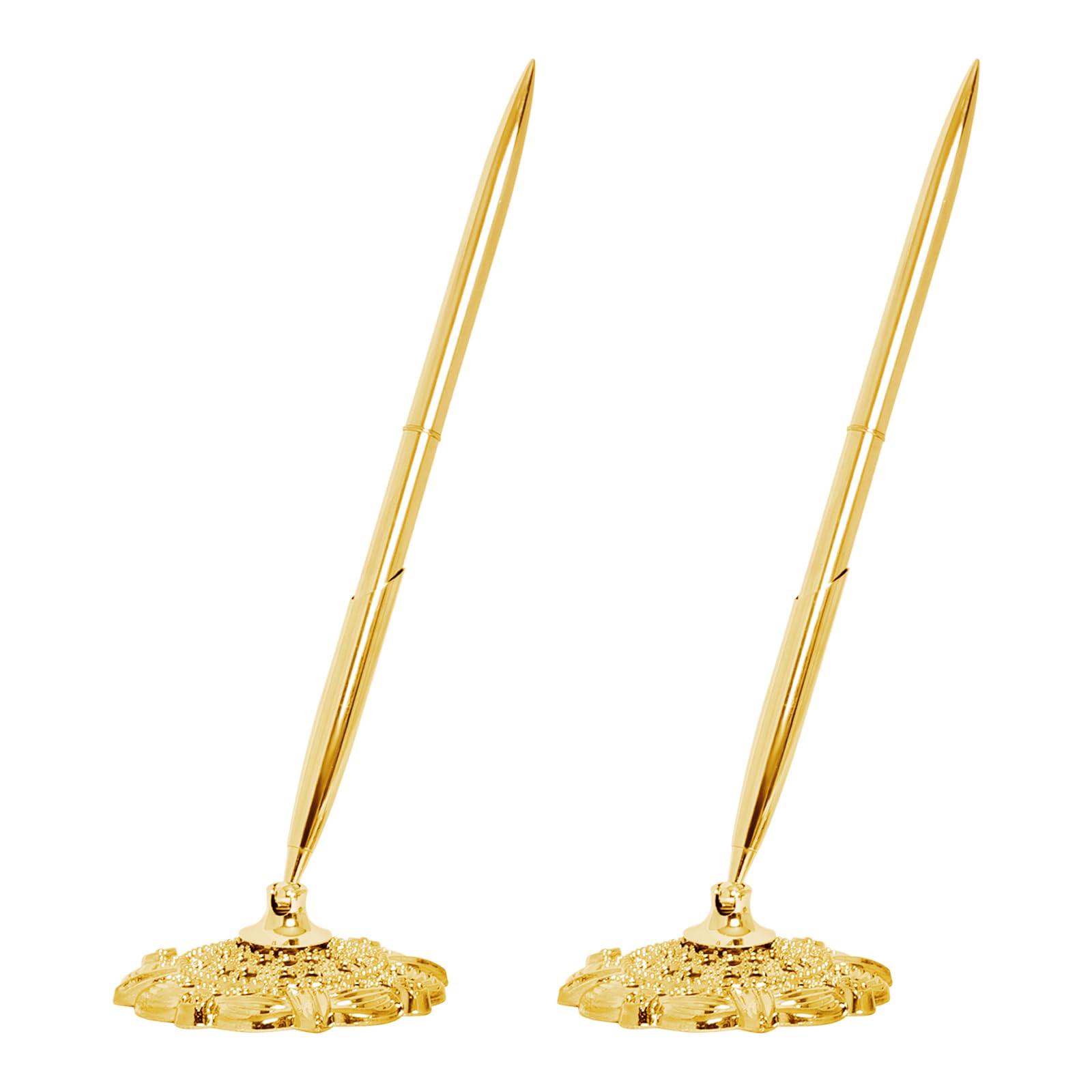 Photo 1 of Bcxfbxd 2 Pcs Gold Hollow Round Pen Holder Metal Pen Stand Holder Set Signing Pen Set Signing Desk Ballpoint Pens for Guest Book Wedding Birthday Party Graduation Teacher Office Business