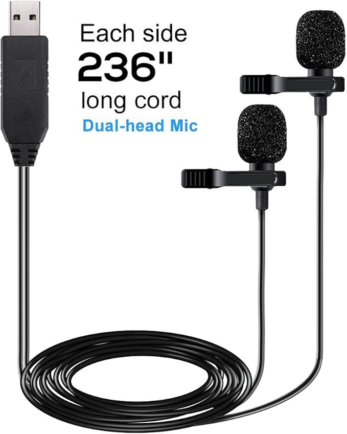USB Microphone 236" (6m) Dual Head Lavalier Lapel Mic