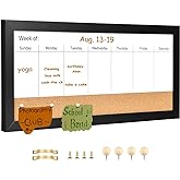 Magnetic Weekly Whiteboard and Cork Board, Black Wood Frame, 16" x 8" | Dry Erase Weekly Planner with Magnetic Surface and Corkboard for Home, Office, and Wall Organization