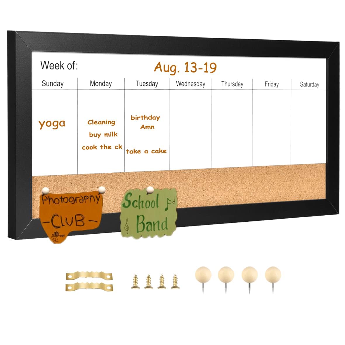 Umtiti Magnetic Weekly Dry Erase White Board and Cork Board, Black Wood Frame，Magnetic Surface Whiteboard for Home Office and Wall Decor(ZHZL-2040BK)