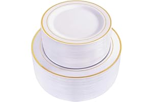 WDF 120 pieces Gold Disposable Plastic Plates - White and Gold Plates Include 10.25" Dinner Plate & 7.5" Salad Plate for Thanksgiving Weddings/Party
