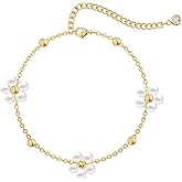 Foxgirl Gold Pearl Bracelets for Women, Freshwater Pearl Bracelet Stack 14K Gold Plated Hand Chain Dainty Flower Bracelets CZ